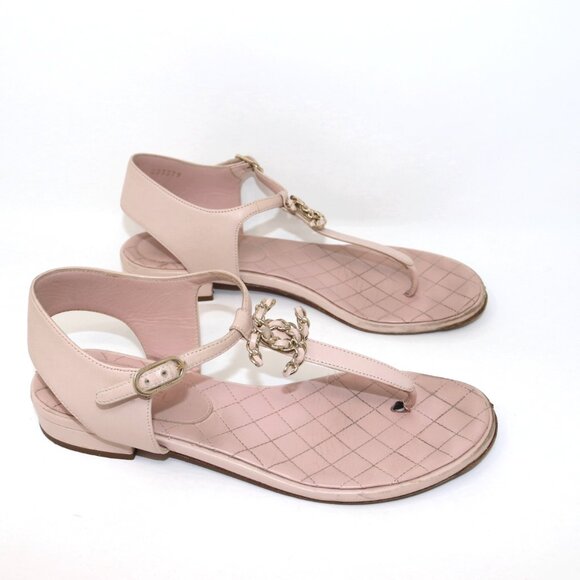 Chanel Quilted Logo 38 Baby Pink Flat T Strap Sandals Chain CC Logo - Picture 8 of 12